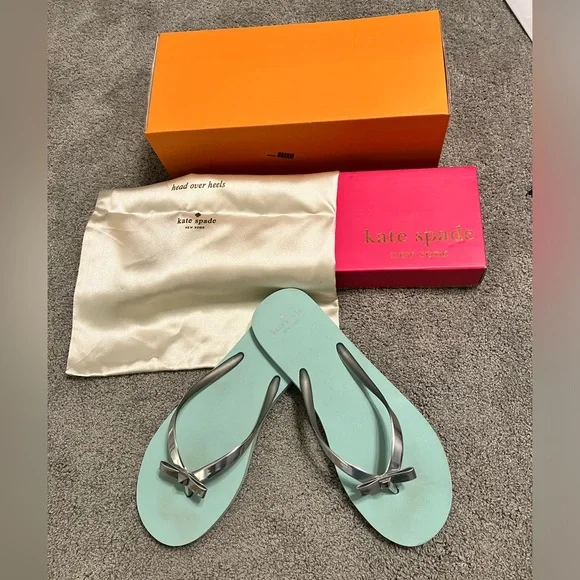 Kate Spade Happily Flip Flops Light Blue Eva Silver Bow Sz 7 - Picture 3 of 11